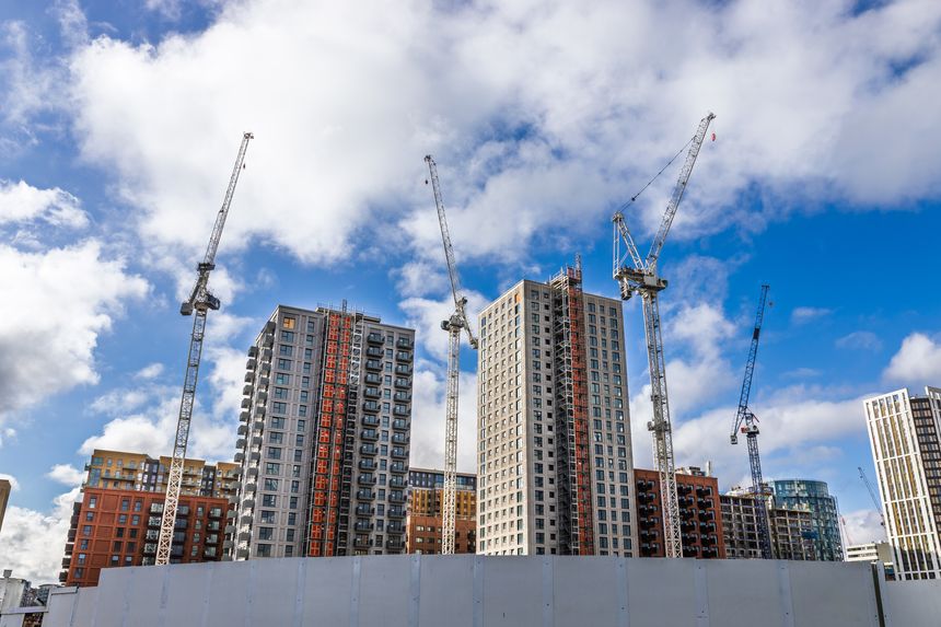 Construction site with cranes and high rise buildings under development in urban area. London, UK, 17 March 2024