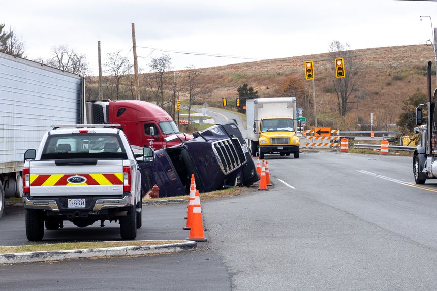 Max Meadow, Virginia, USA- 10.29.2022: overturned and damage truck. road accident, crash