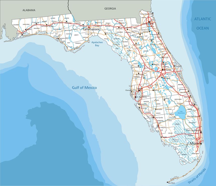 High detailed Florida road map with labeling.