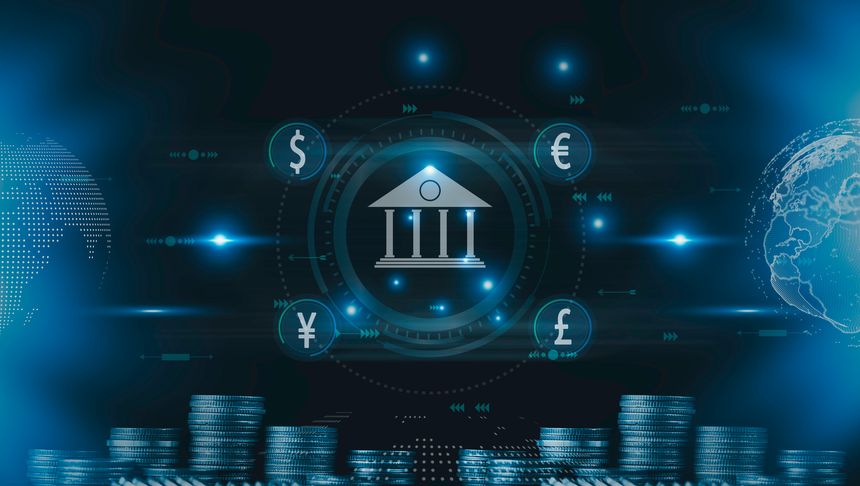Global currency money transfer background, Digital banking network, Foreign currency exchange, Online banking interbank payment, internet payment mechanism, financial technology or FinTech