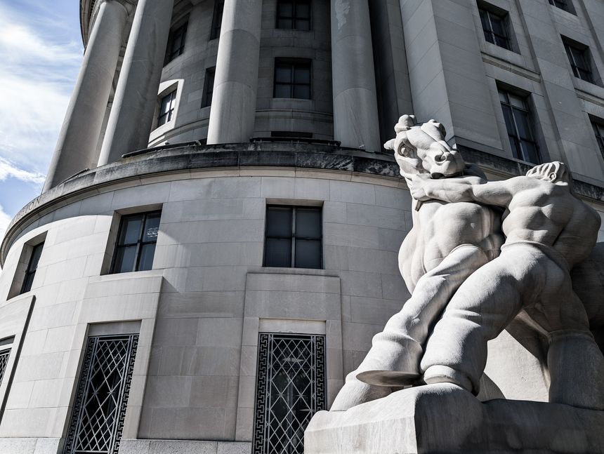 Washington, DC - September 26, 2025: "Man Controlling Trade" by Michael Lantz, at the Federal Trade Commission Building