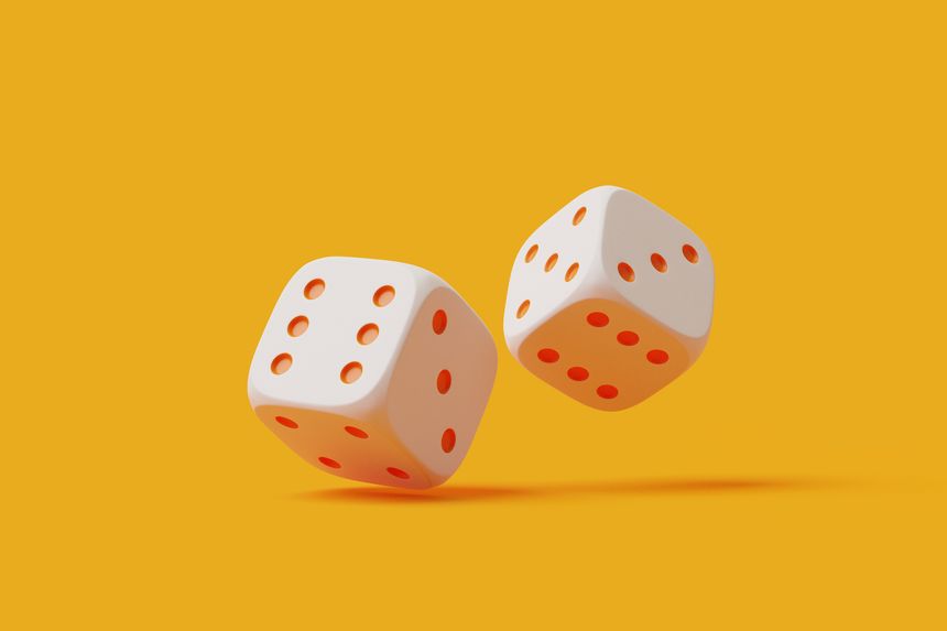 Two classic white dice caught in mid-roll, casting soft shadows on a vibrant orange backdrop. 3D render illustration