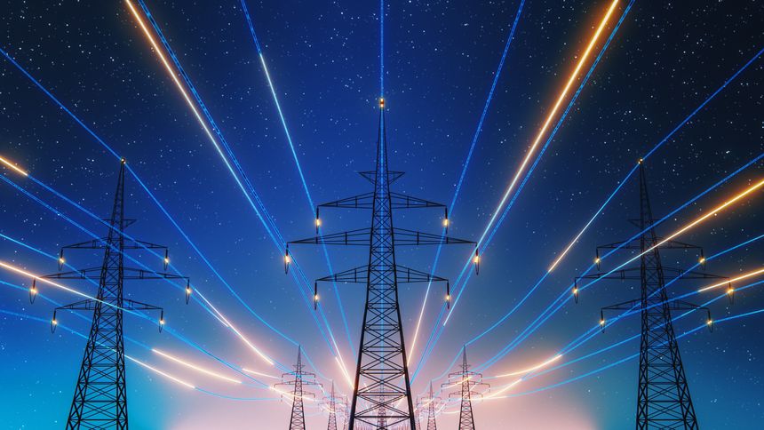 3D Render Of Power Transmission Lines with 3D Digital Visualization of Electricity. Fantastic Visuals of Night Sky Full of Bright Stars. Concept of Renewable Green Energy Powering Human Progress.