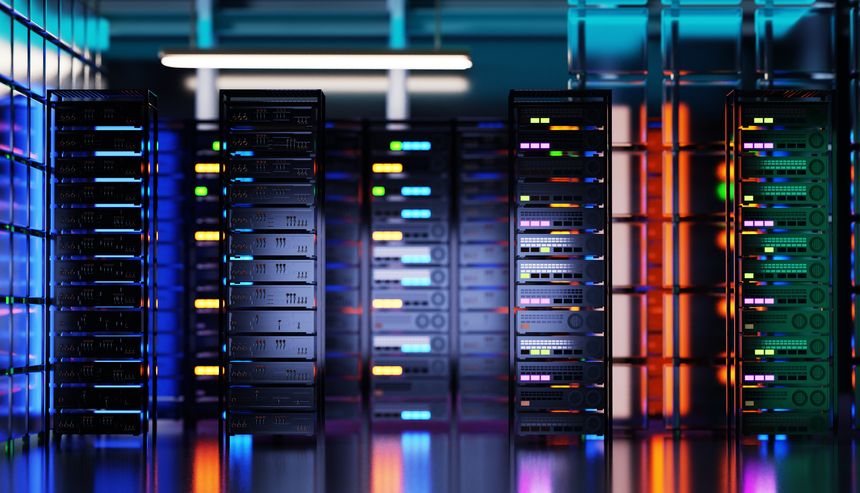 Blurred background of server room, Data center with racks servers and supercomputers. Neon lights and beautiful reflections of computer lights. 3D rendering illustration