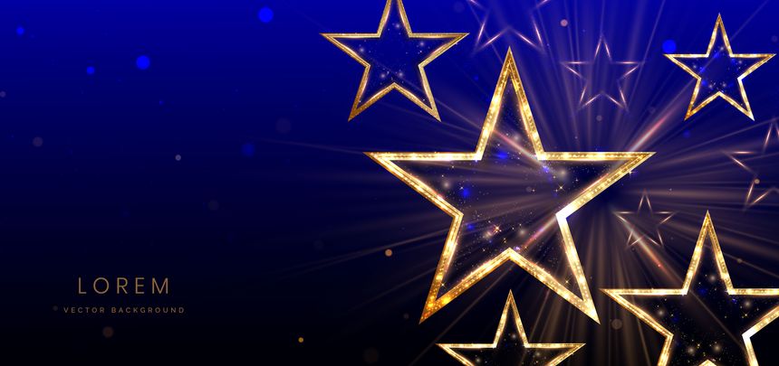 Golden star with golden on dark blue background with lighting effect and sparkle. Luxury template celebration award design. Vector illustration