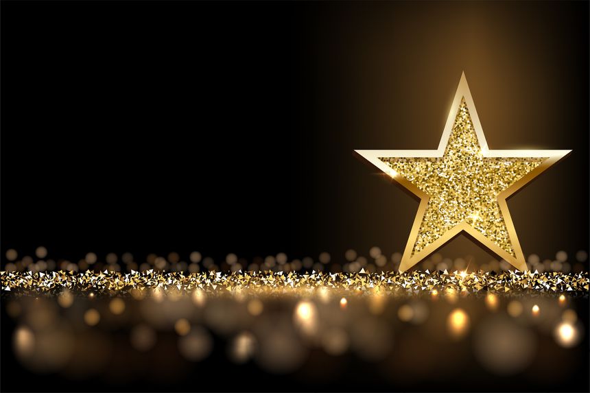 Golden sparkling star isolated on dark luxury horizontal background. Vector design element.