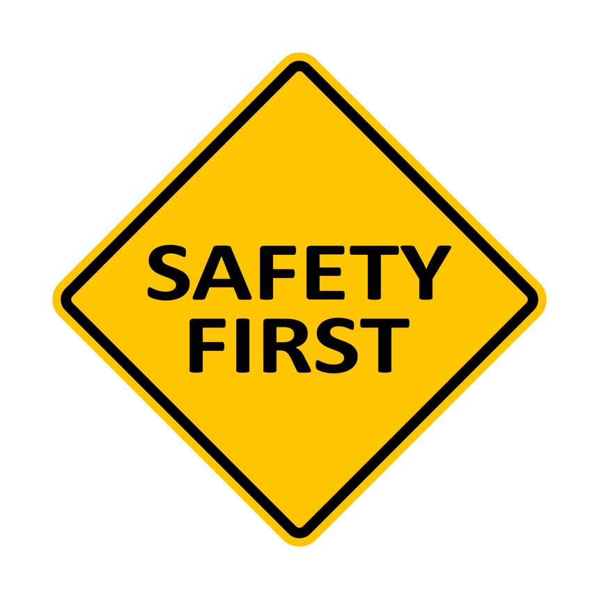 Sign SAFETY FIRST. The need to comply with safety measures. Drivers should be more attentive and careful. Diamond road sign. Rhombus road sign. Warning yellow road sign