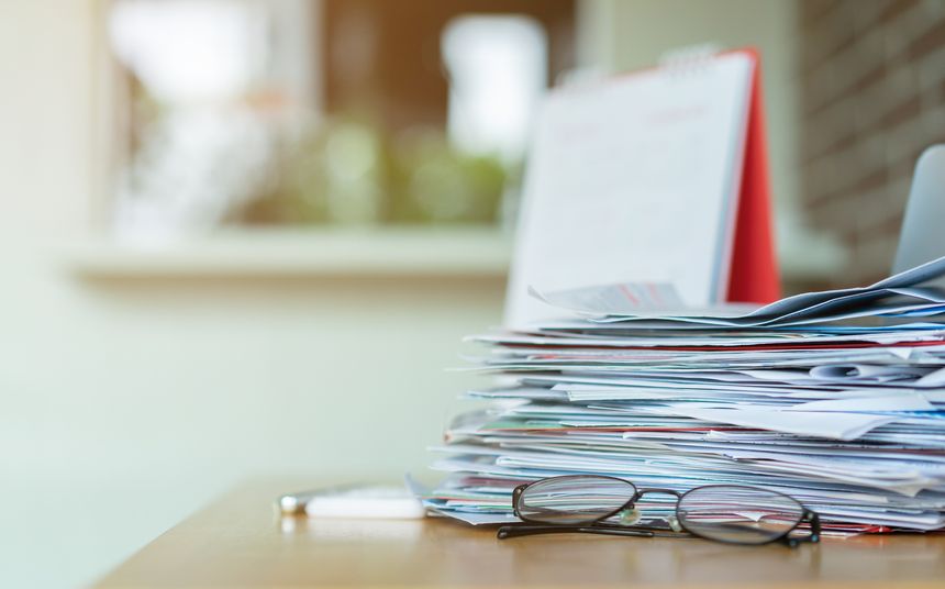 close up group bundle pile of document stacking on desk in office for busy job concept
