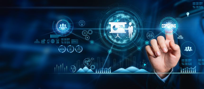 Mentoring Business Motivation Coaching Success Career Concept business, technology, internet, and networking concept, Businessman pressing the business coaching button on virtual screens.