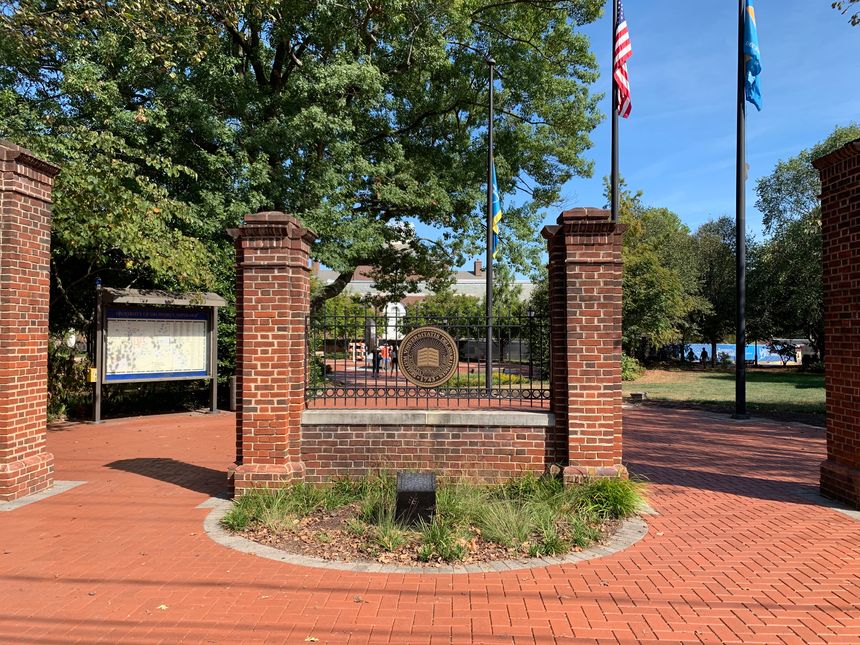 Newark, DE, USA September 21  Brick columns welcome students and visitors to the University of Delaware campus on a sunny day in Newark, Delaware