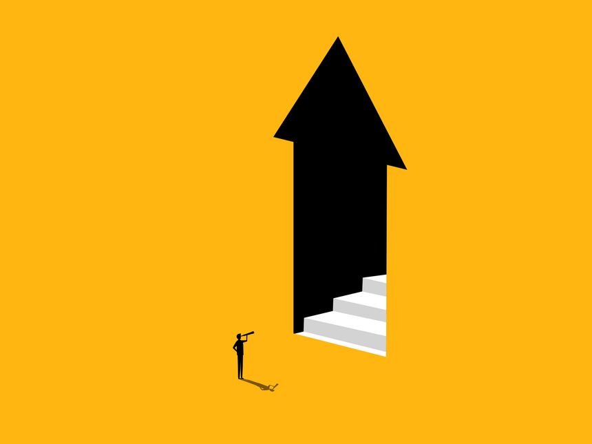 Inspiration Business Opportunity. Businessman looks at stairs in the door arrow pointing up