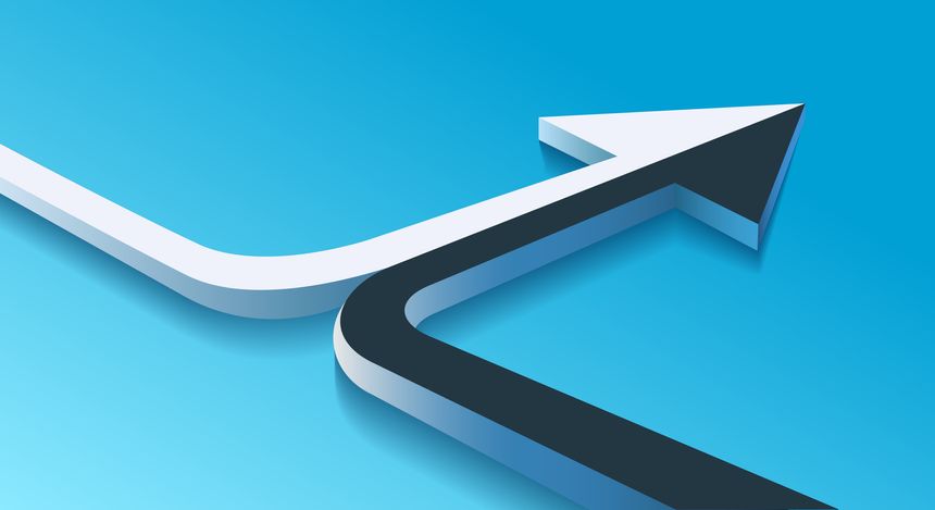 Two 3d arrows merging. Black and white arrow merger partnership joining merging revival conjunction concept, abstract 2 line motions joining alliance vector illustration