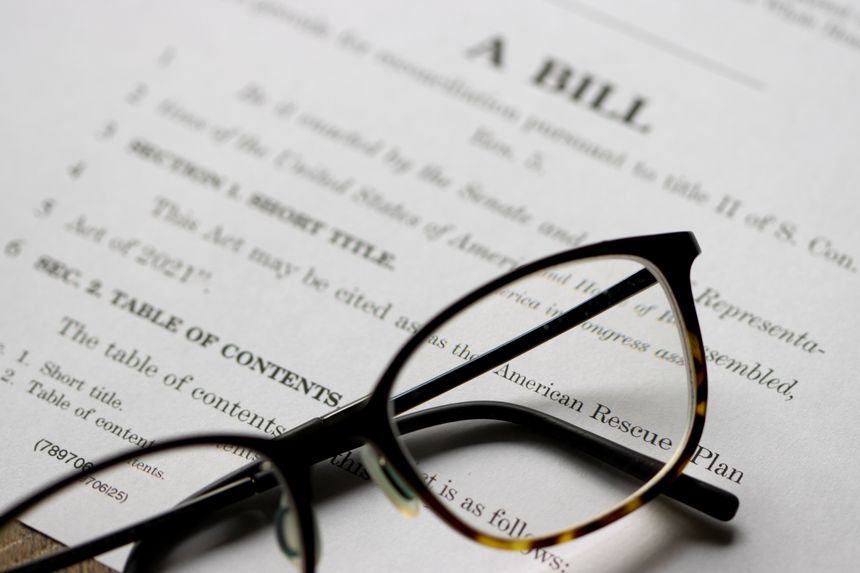 Closeup of the documents of the American Rescue Plan Act of 2021, a $1.9 trillion economic stimulus package proposed by President Biden to speed up the recovery.