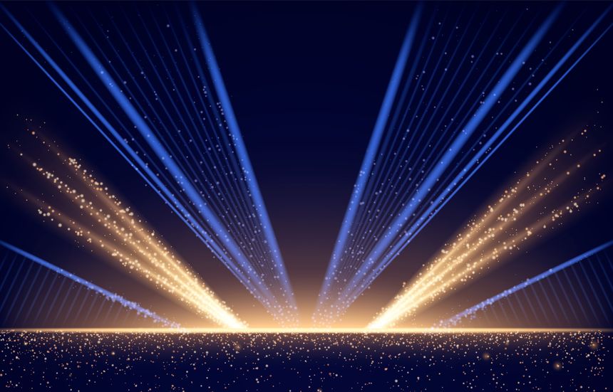 Dark blue stage with golden spotlight lines and glitter texture for award ceremony design. Realistic 3d abstract premium elegant glamour background template for anniversary or winner rewarding.