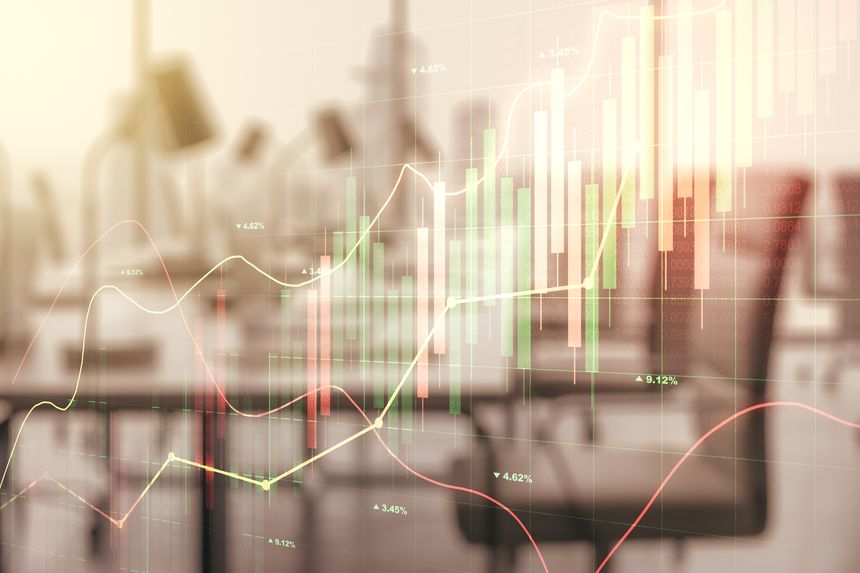 Multi exposure of virtual creative financial chart hologram on modern corporate office background, research and analytics concept