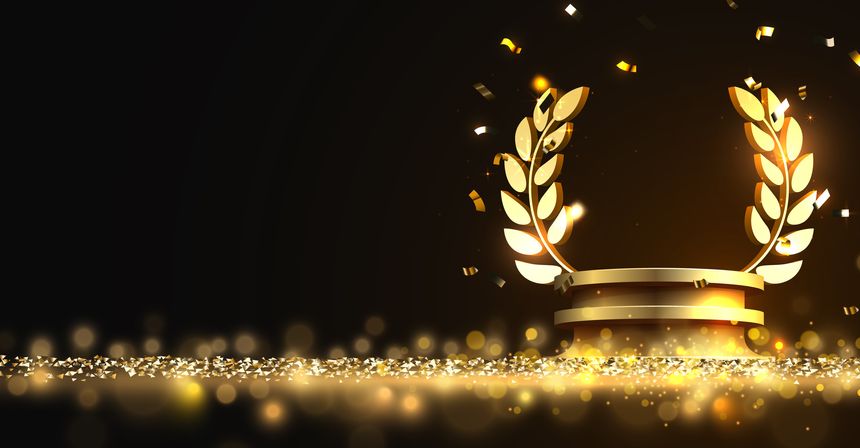 Award round podium with laurel wreath on dark background. Vector golden symbol of victory, achievement, success, rewarding of winner. Vector illustration
