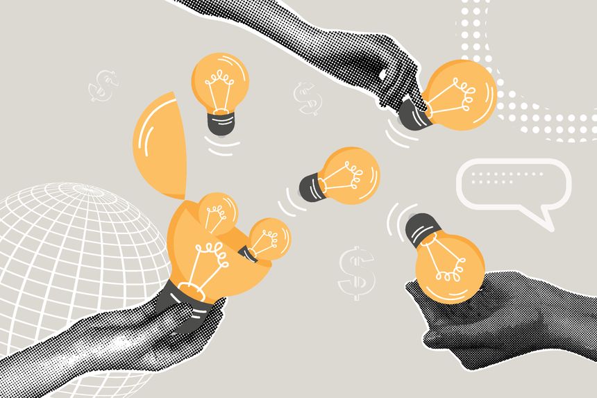 Contemporary halftone collage. Concept idea generation, invention and cognition, ready solution. Open light bulb with new ideas. Hands collecting ideas. Vector illustration
