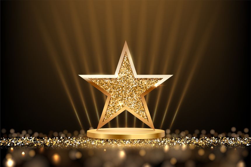 Gold podium with glitter star on top and spotlights rays. Golden award platform isolated on black background. Abstract vector illustration for product presentation or winner ceremony.