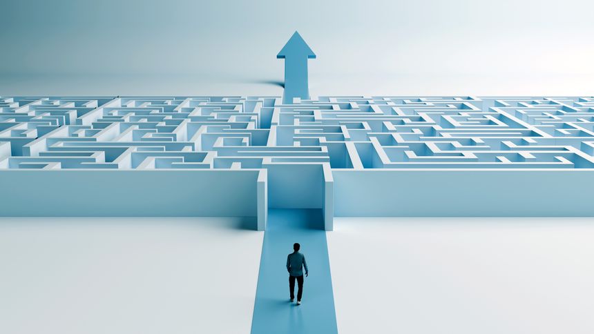 Man Walking Toward Maze with Up Arrow Exit  Challenges, Strategy, and Success, 3D Render