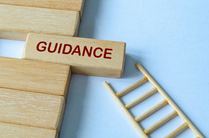 GUIDANCE text on wooden blocks with ladder representing direction, support, and governance framework