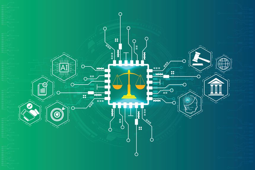 Abstract law and artificial intelligence background with scales of justice inside microchip and connected icons, concept of legal tech, compliance, regulation, smart contracts, and digital governance.