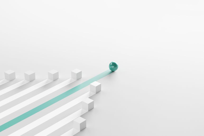 Leadership concept, One leader green sphere leads other white boxes. Winning strategy in business, 3d render. Copy space.