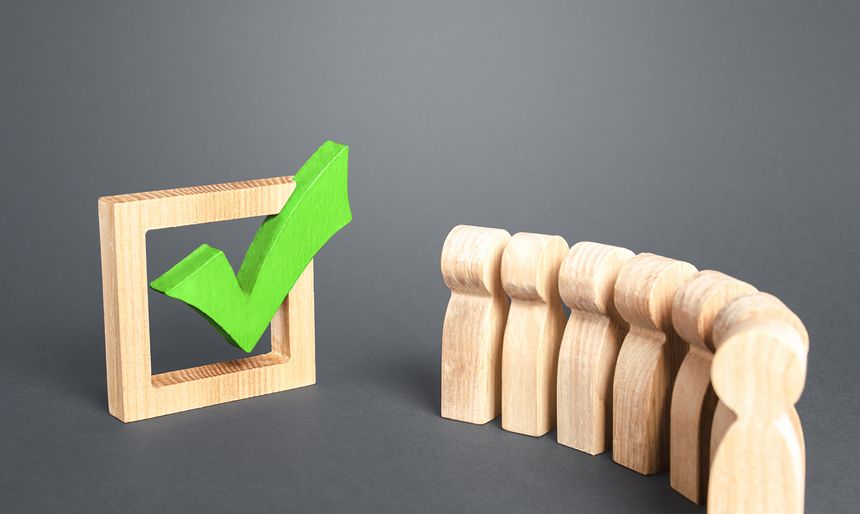 Queue line and green vote check mark. Voting in democratic election or referendum. Political campaign. Public poll. Legislative Initiative. Lobbying interests. Resolution. State legislature passes law