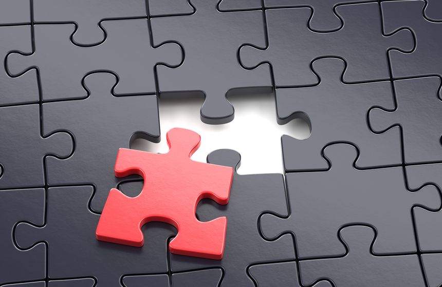 Red missing mismatched puzzle piece. Business creativity, teamwork and solution concept. 3D illustration
