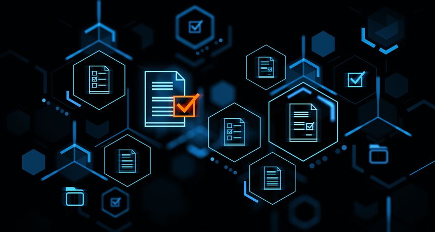 Glowing document management system hologram chain, icons of files connected and check marks. Concept of audit, electronic certification and analysis. 3D rendering illustration