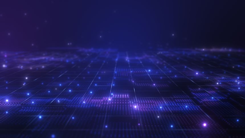 Abstract digital perspective grid with glowing purple and blue particles on dark background.