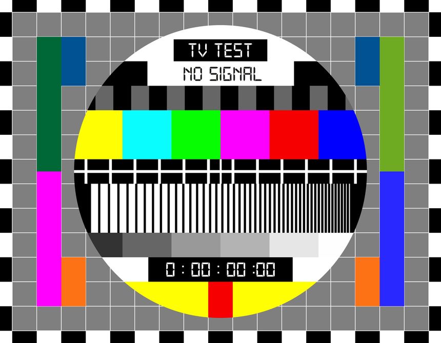 TV signal test screen of retro television broadcast technologies. Vector test card pattern with calibrated color bars, grey scale and grid in black and white frame. Old TV testcard screen background