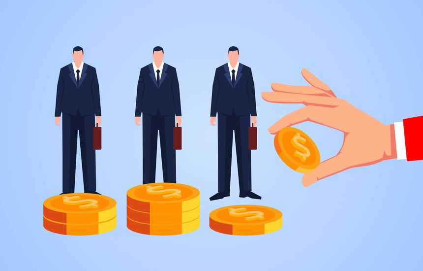 Paying wages and benefits, hand holding gold coins to businessmen standing in line one by one