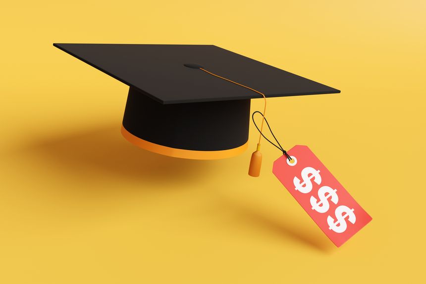 Red price tag having white dollar signs attached to a black graduate cap with orange brim on yellow background. Illustration of the concept of university undergraduate tuition fees, student loans