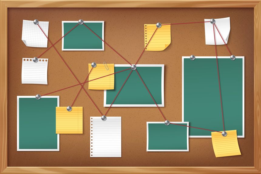 Detective board with pinned paper notes, photos and documents connected by red string. Investigation corkboard with green images, yellow sticky notes, grid pages and memo sheet attached with thumbtack