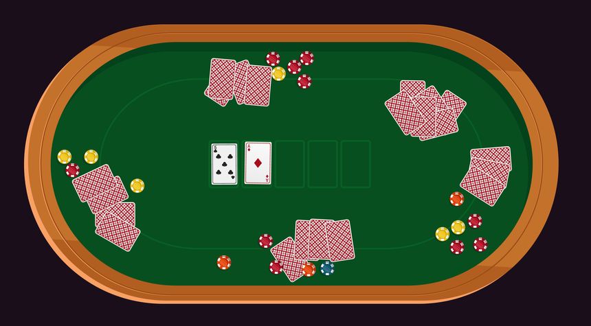 Poker table with cards. Vegas casino game desk top view. Bet chips. Blackjack sport gaming. Online fortune playing. Green velvet above. Aces dealer. Gamble risk and luck. Vector gambling background