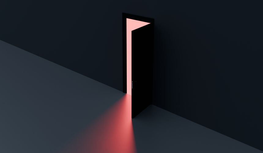 Light through the door, open door, lighted corridor, 3D illustration
