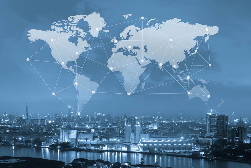 City with world map and conneting line, globalization conceptual, industrial network communication concept