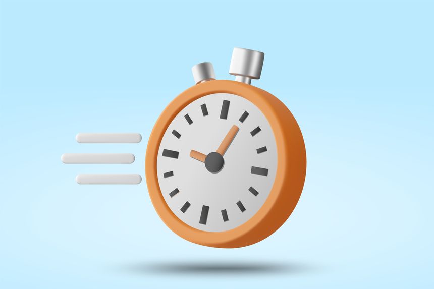 3d vector of orange stopwatch with motion lines for fast delivery time management business productivity speed urgent countdown deadline schedule graphic icon element isolated on blue background.