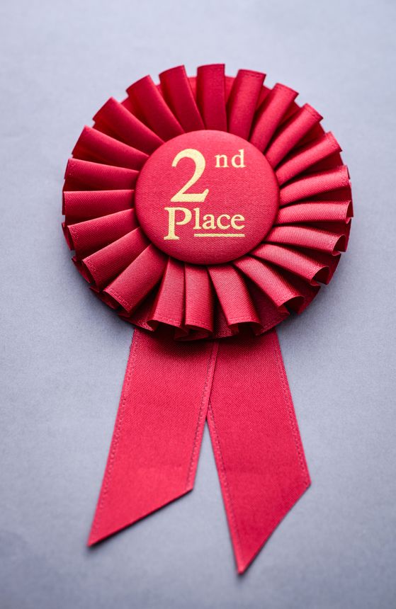 Second place red winners rosette on grey with gold text and ribbon conceptual of winning and achievement in a competition