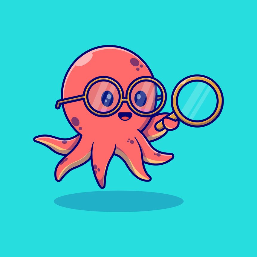 cute little squid vector illustration design wearing glasses and holding a magnifying glass