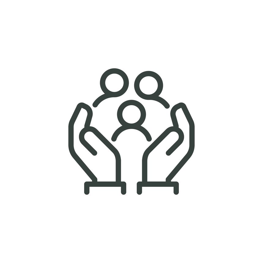 Thin Outline Icon Two Hands Holding or Hugging Group People Symbol or Family Line Sign Group Life Insurance, Caring Hands Family Medicine Vector Isolated Pictogram on White Background Editable Stroke.