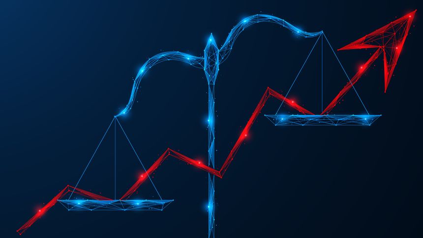 The arrow of cost growth lying on the scales. Polygonal design of interconnected lines and dots.