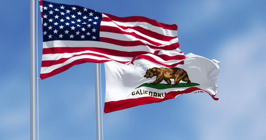 California state flags and the American flags waving in the wind, featuring a brown bear and the words California Republic. 3d illustration render. Fluttering fabric. Selective focus
