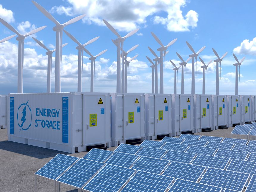 power energy storage system battery containers, combining Wind turbines farms, and photovoltaic solar panels. hybrid renewable energy systems are used for clean and green energy. 3d rendering illustration.