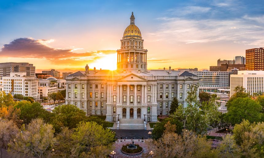Colorado Capitol, in Denver, Colorado at sunset. The Colorado State Capitol Building is the home of the General Assembly and the offices of the Governor, Lieutenant Governor, and the State Treasurer.