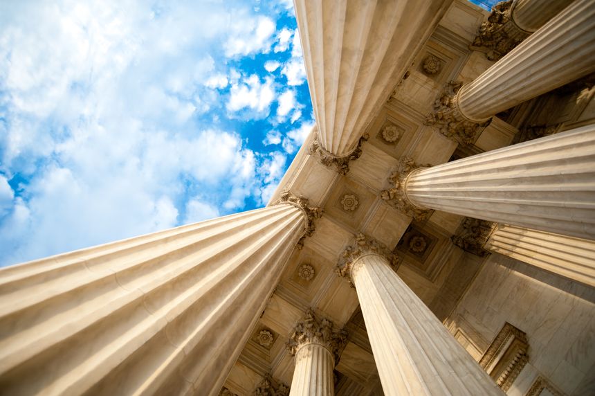 Looking up at the columns of the U.S. Supreme Court