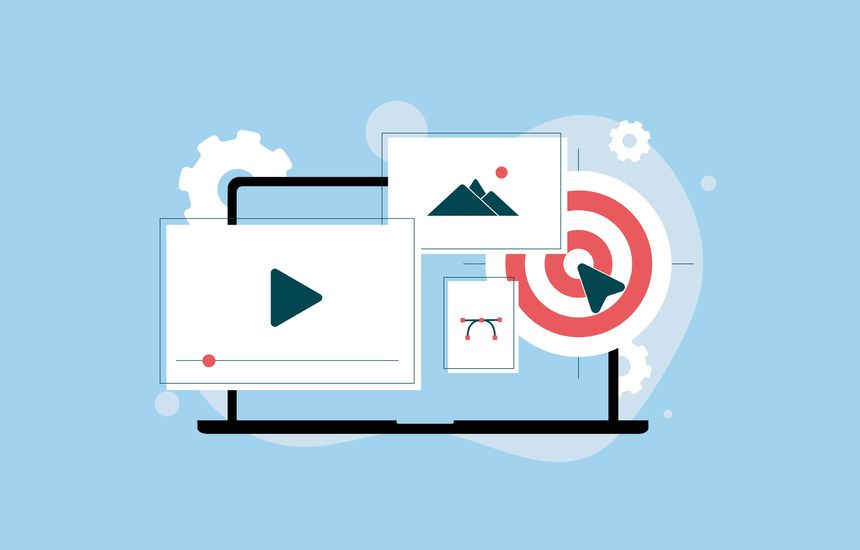 Content marketing strategy for blog articles, infographics, videos and visuals. Focus on audience retention and growing traffic through valuable creation. Content marketing vector illustration.