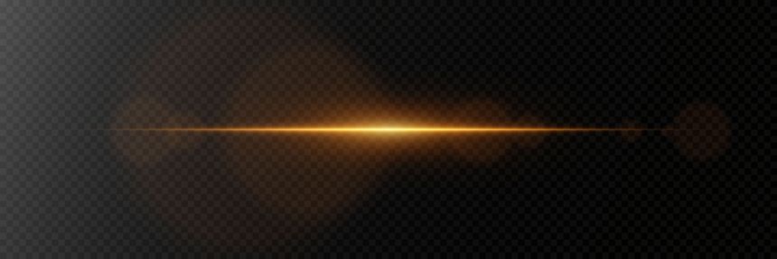Golden horizontal glare of light. Line flash effect. On a transparent background.