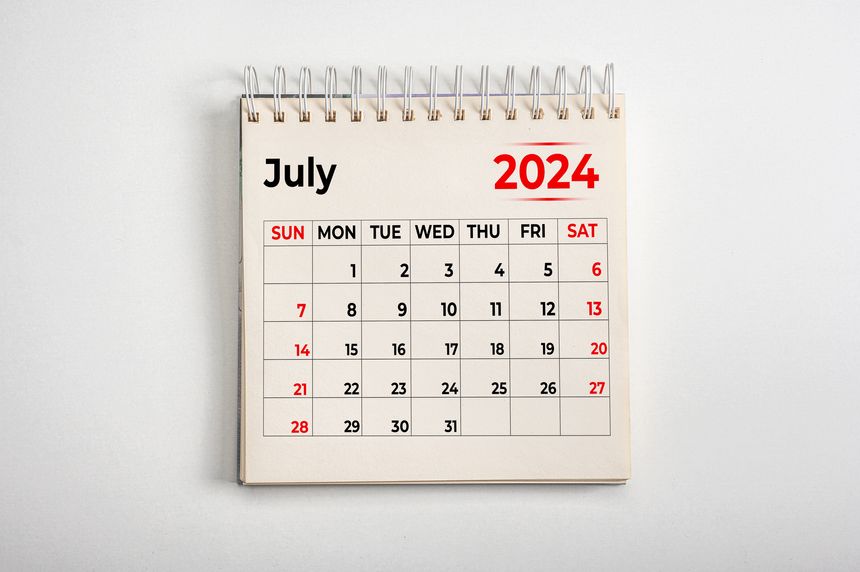July 2024. Resolution, strategy, solution, goal, business and holidays. Date - month July 2024. Page of annual monthly calendar - July 2024
