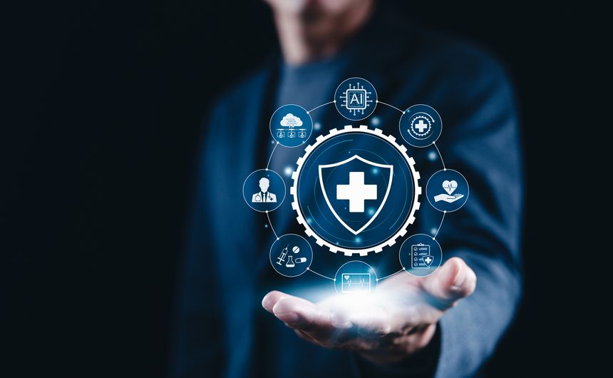 AI-Driven Healthcare and Medical Technology Concept. Medical shield icon representing AI powered healthcare, medical services, data protection, telemedicine, and health care technology advancements.